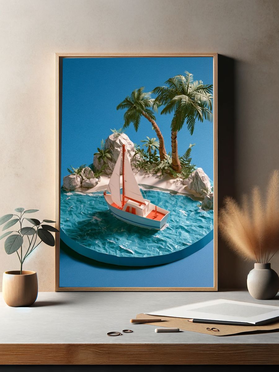 Tropical Sailboat Island Print. — room view 2