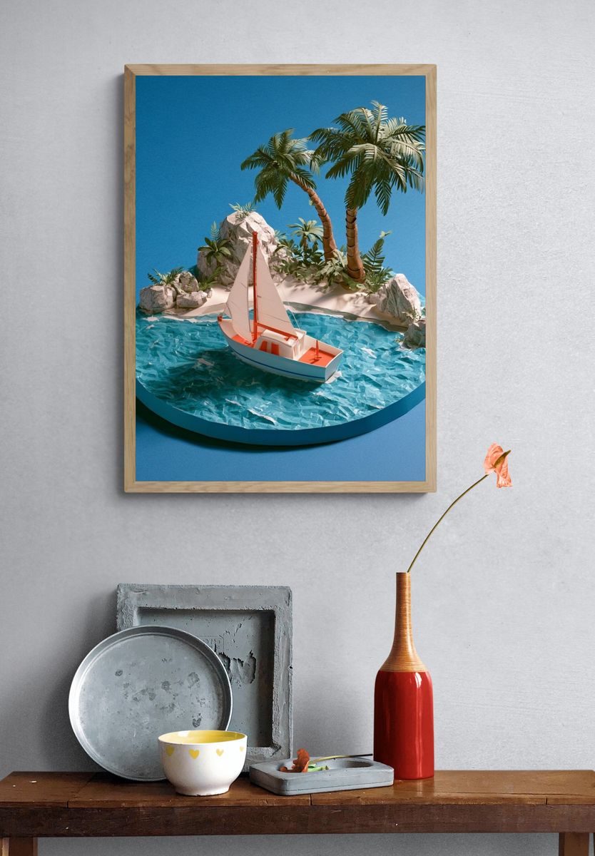 Tropical Sailboat Island Print. — room view 3
