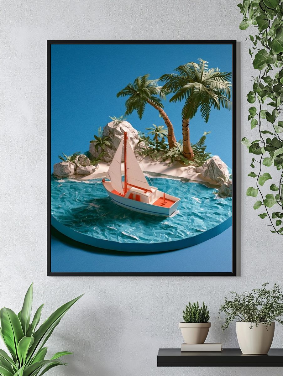 Tropical Sailboat Island Print. — room view 4