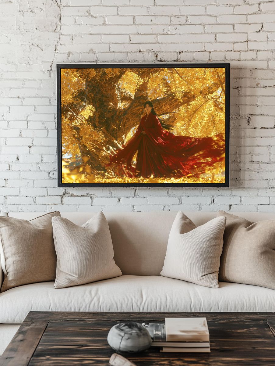 Golden Tree Portrait Print. room preview