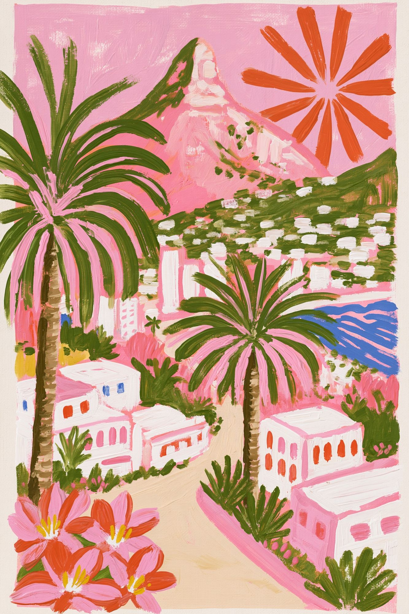 Pink Coastal Village Illustration Poster. poster — illustration art