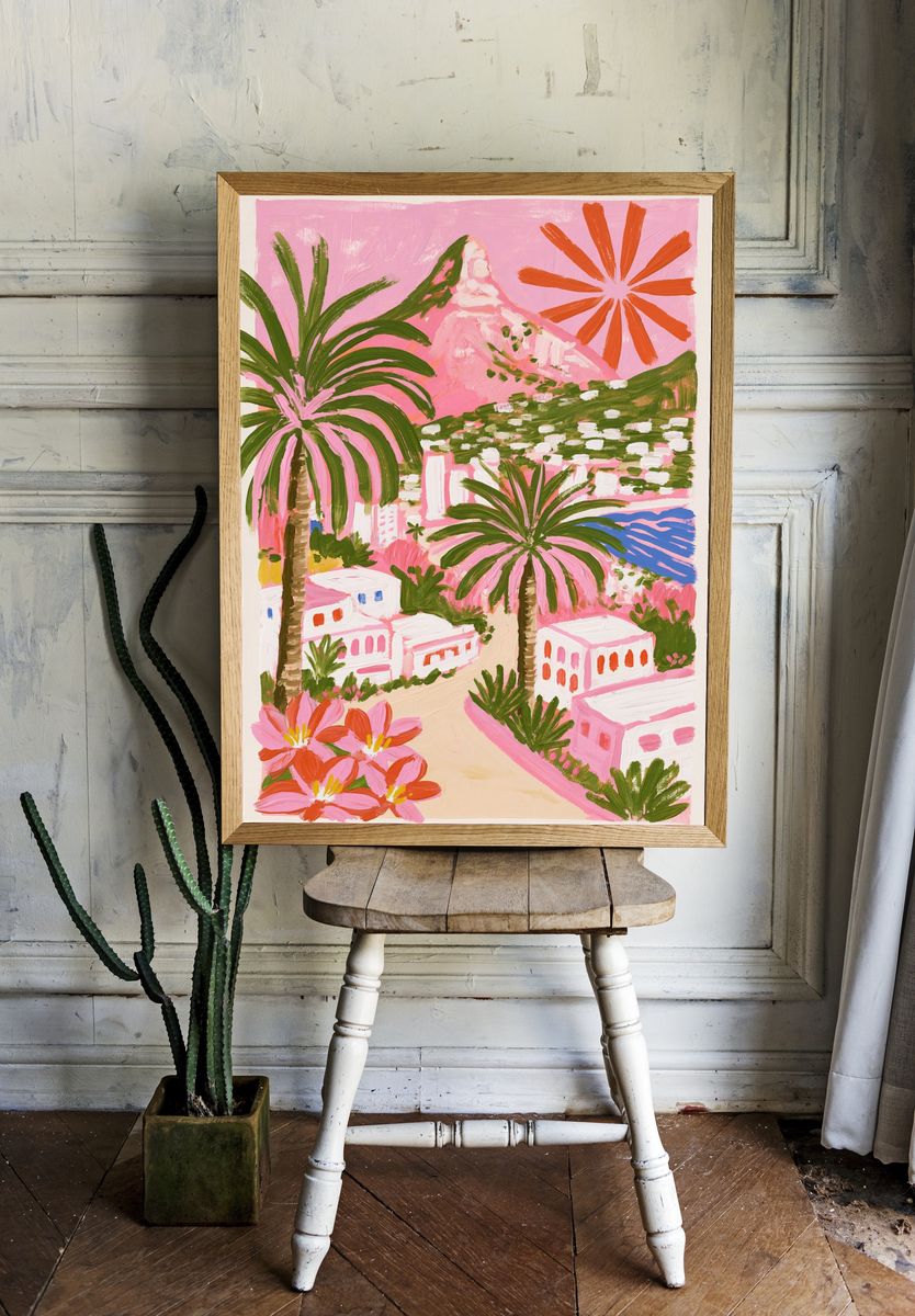Pink Coastal Village Illustration Poster. — room view 1