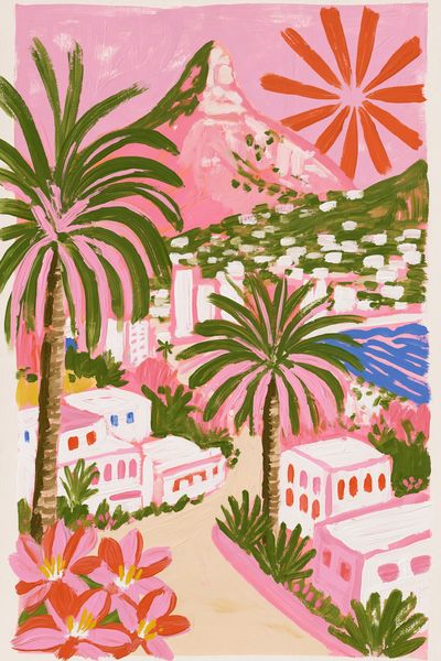 Pink Coastal Village Illustration Poster. poster