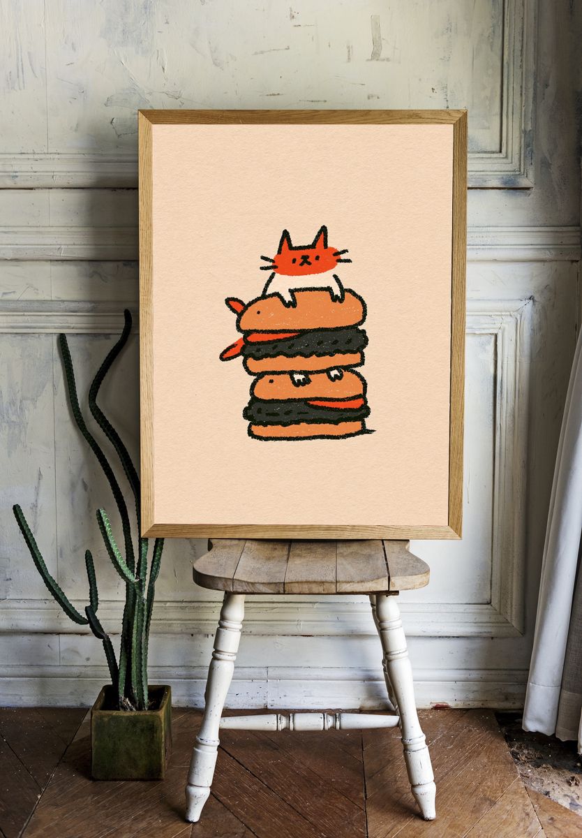 Cat Burger Stack Illustration Poster. — room view 1