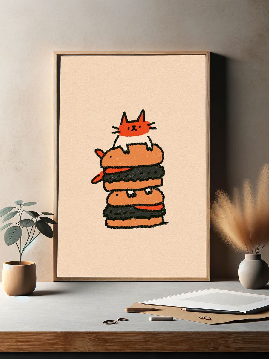 Cat Burger Stack Illustration Poster. — room view 2