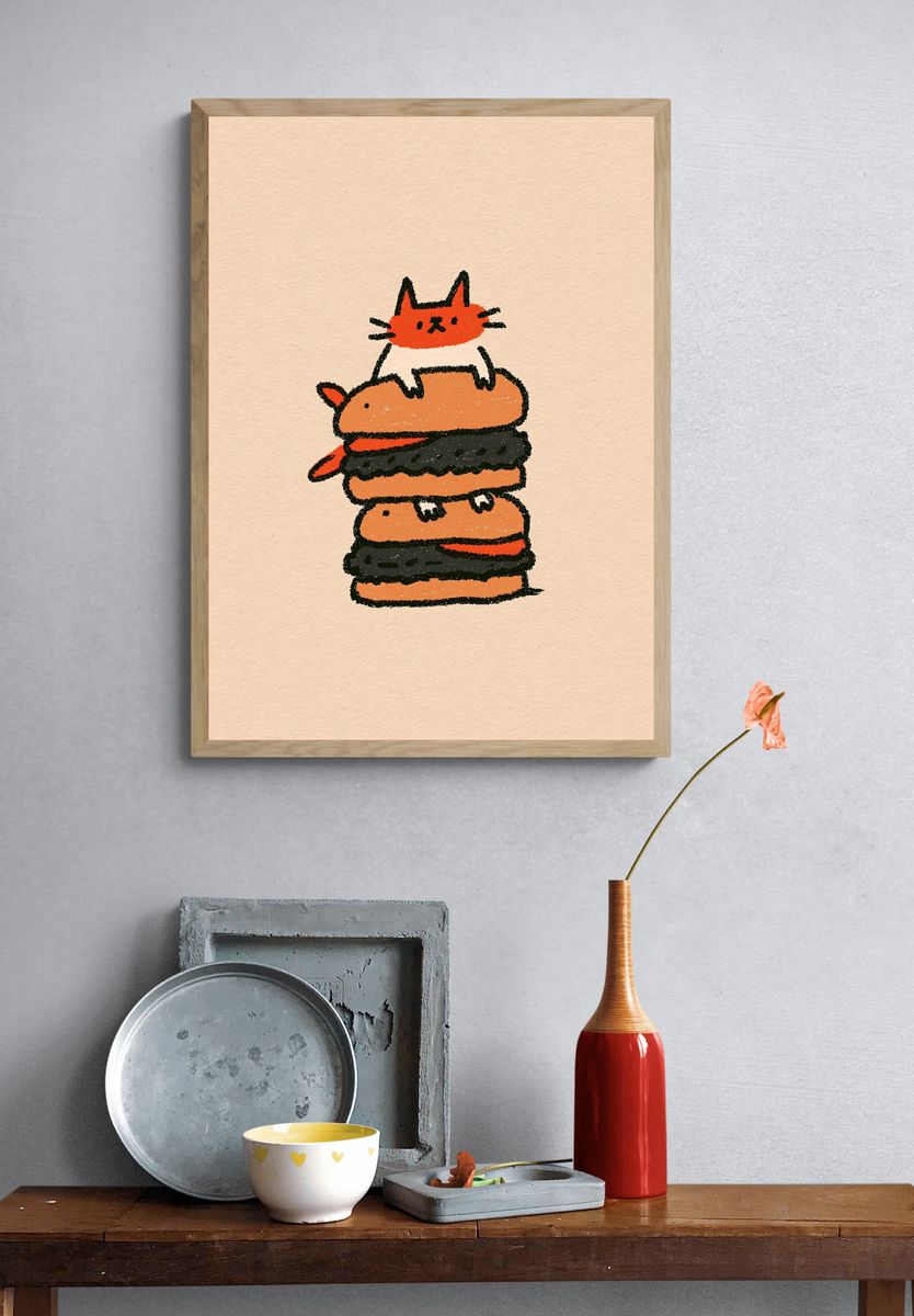 Cat Burger Stack Illustration Poster. — room view 3