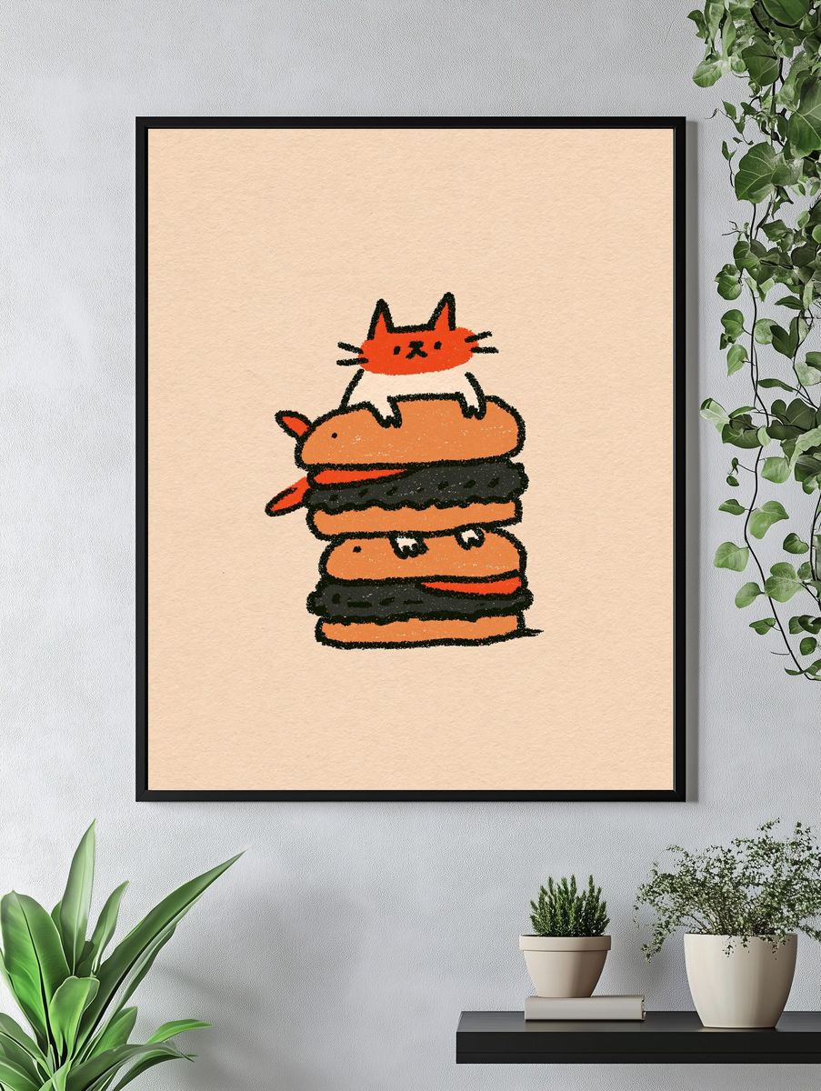 Cat Burger Stack Illustration Poster. — room view 4