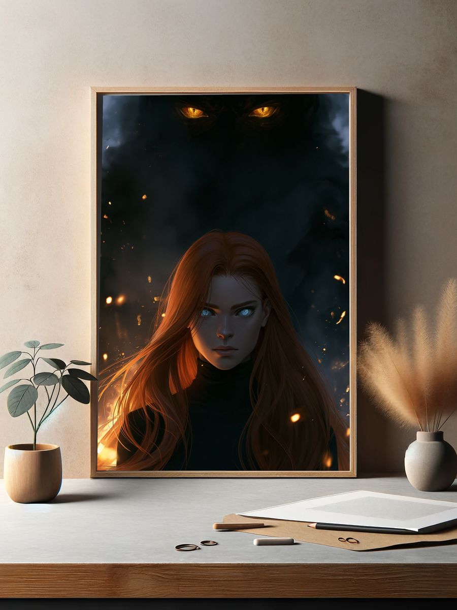 Fire-Eyed Sorceress Digital Art Poster. — room view 2