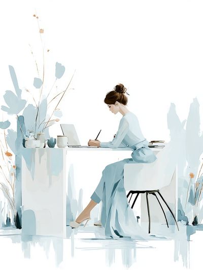 Elegant Woman at Desk Illustration Poster. poster