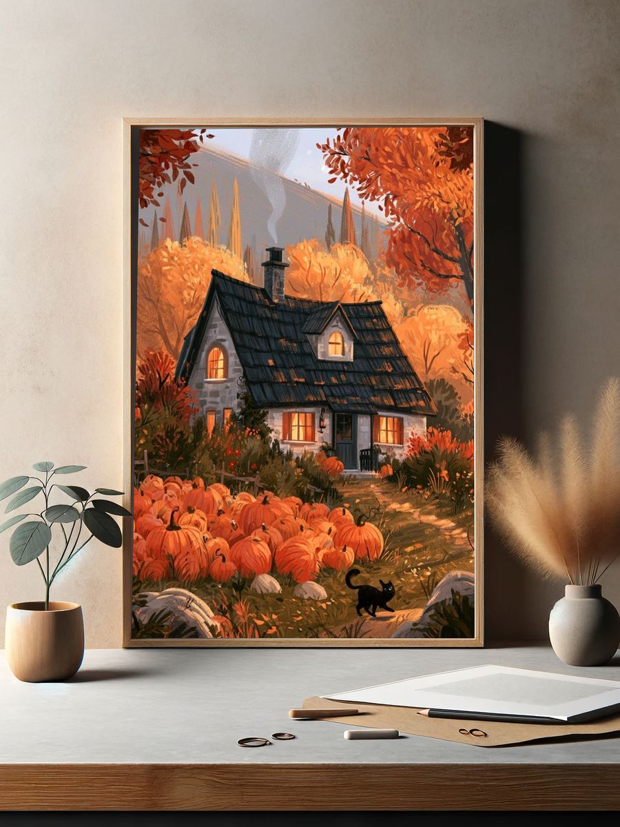 Autumn Cottage Illustration Poster. — room view 2