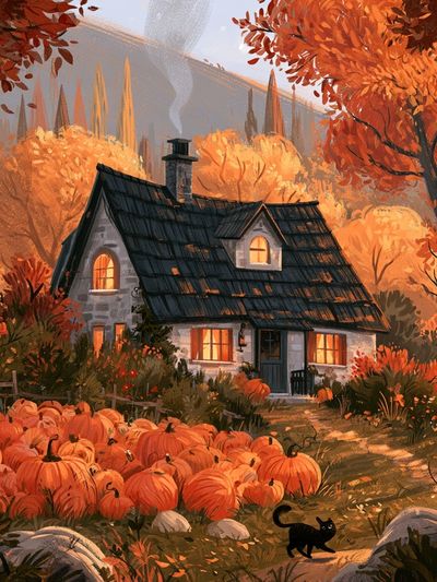 Autumn Cottage Illustration Poster.