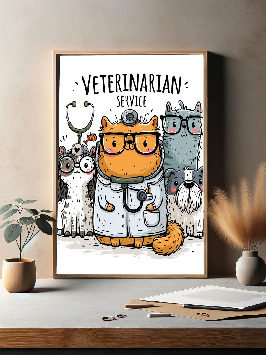 Veterinarian Service Cartoon Poster. — room view 2