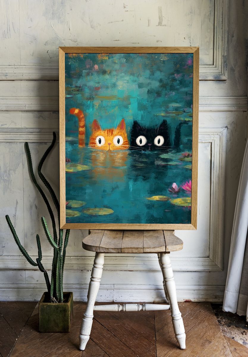 Cats in Lily Pond Illustration Poster. — room view 1
