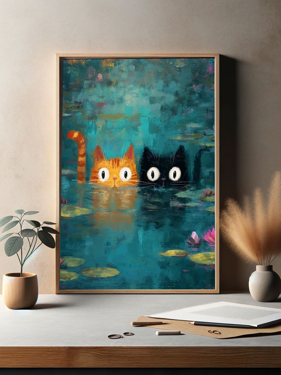 Cats in Lily Pond Illustration Poster. — room view 2