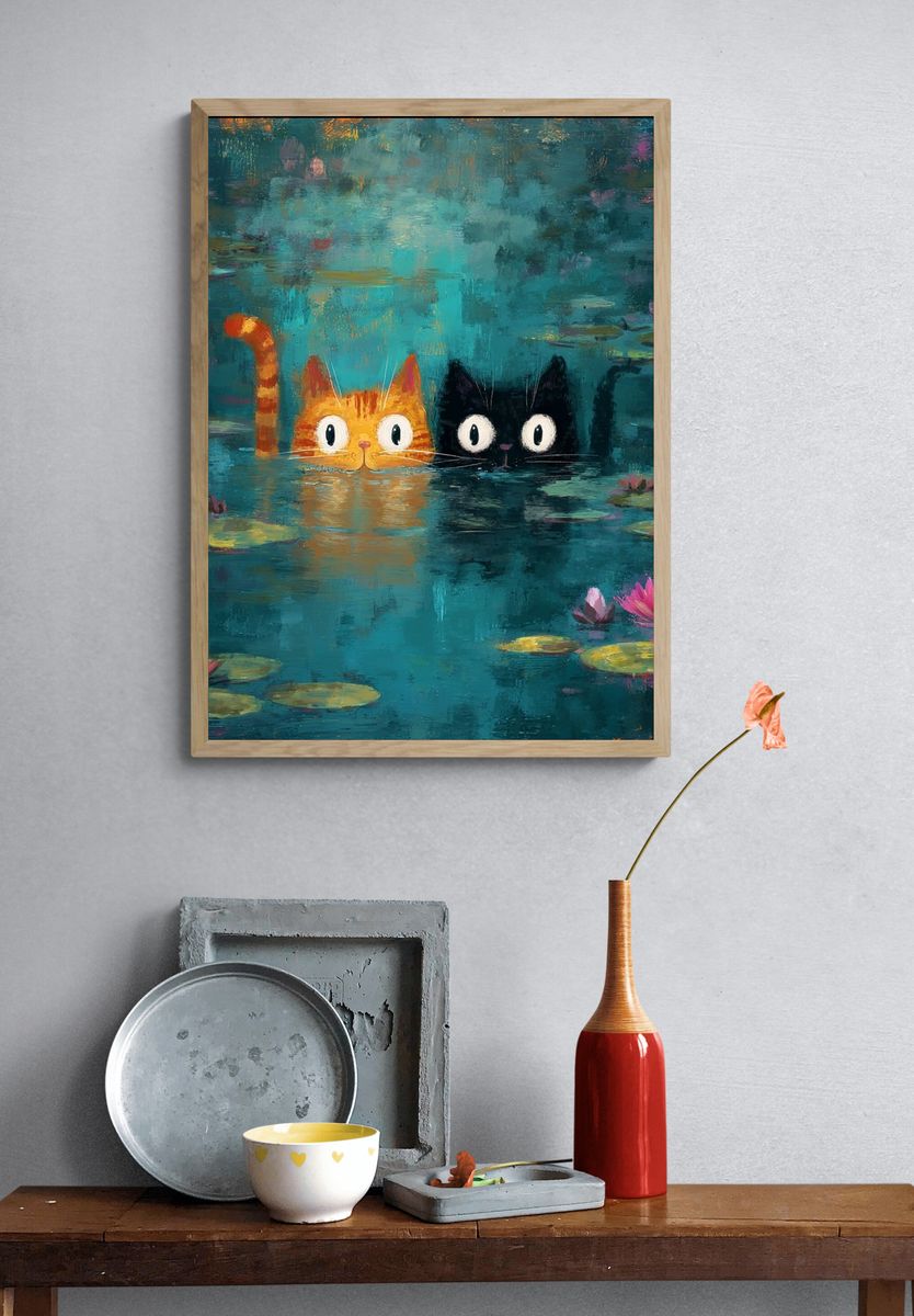 Cats in Lily Pond Illustration Poster. — room view 3
