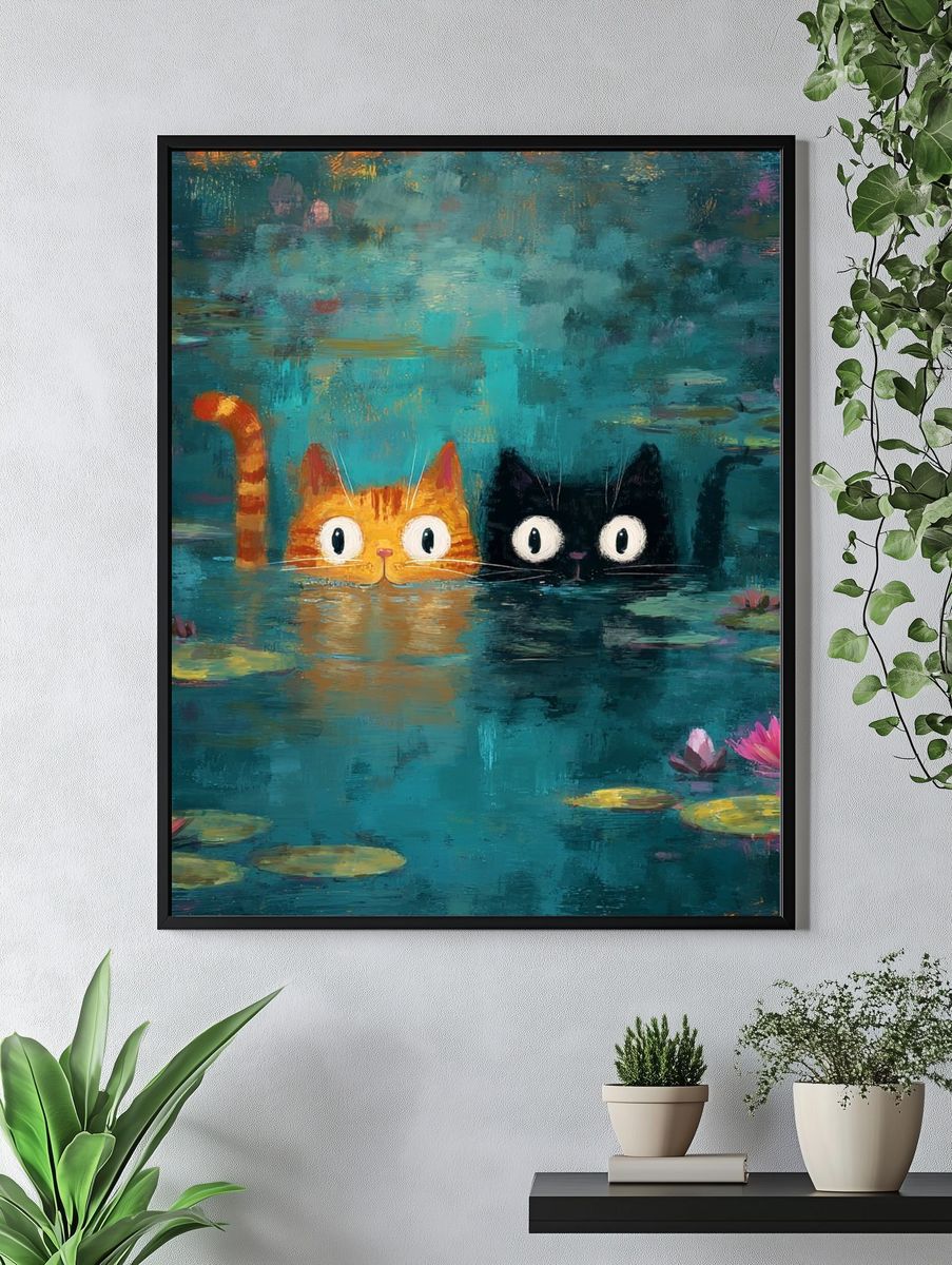 Cats in Lily Pond Illustration Poster. — room view 4