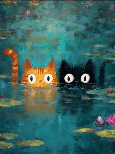 Cats in Lily Pond Illustration Poster. poster print