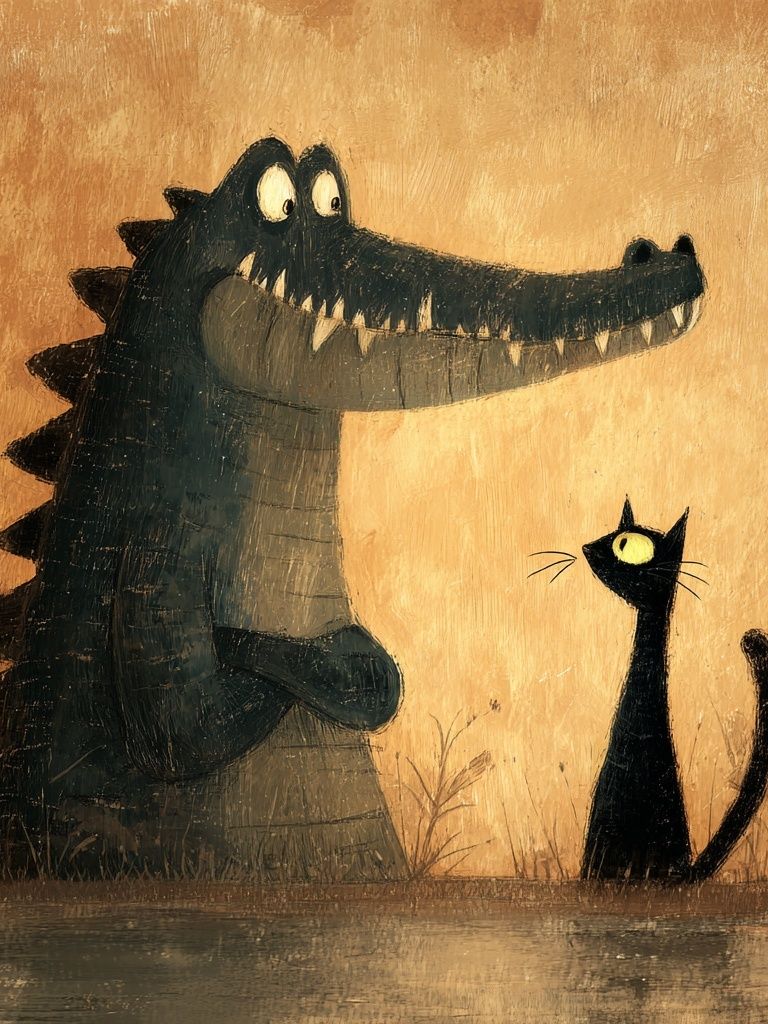 Crocodile and Cat Illustration Poster. poster detail
