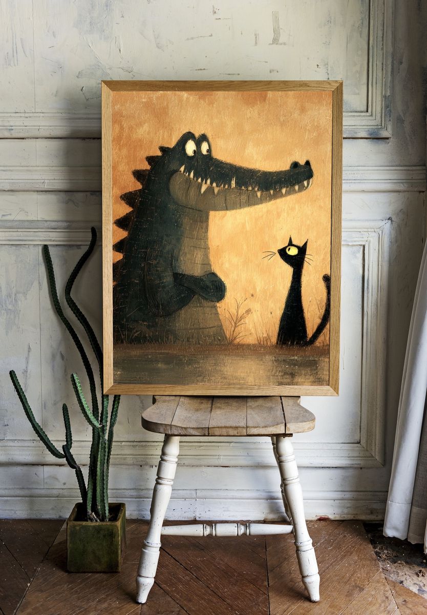 Crocodile and Cat Illustration Poster. — room view 1