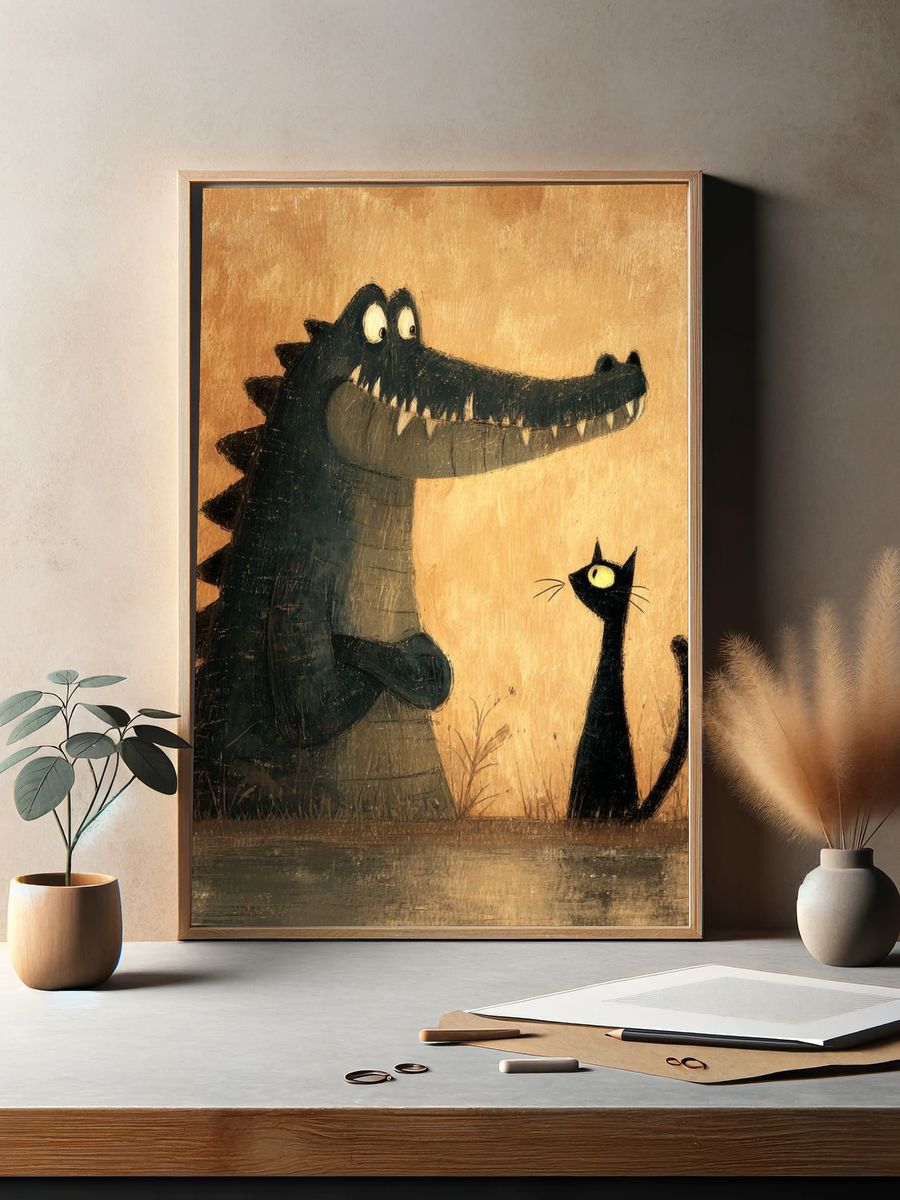 Crocodile and Cat Illustration Poster. — room view 2
