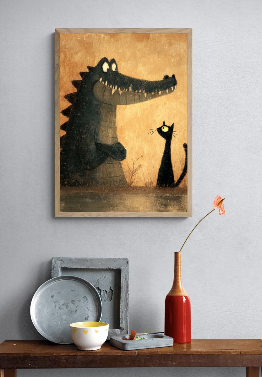 Crocodile and Cat Illustration Poster. — room view 3