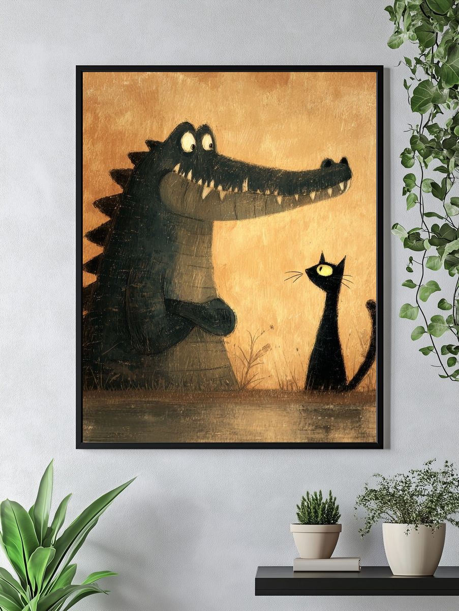 Crocodile and Cat Illustration Poster. — room view 4
