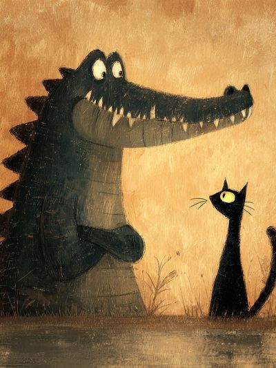 Crocodile and Cat Illustration Poster. poster print