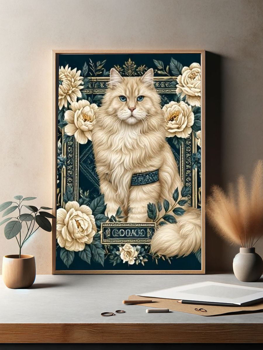 Floral Cat Portrait Illustration Poster. — room view 2