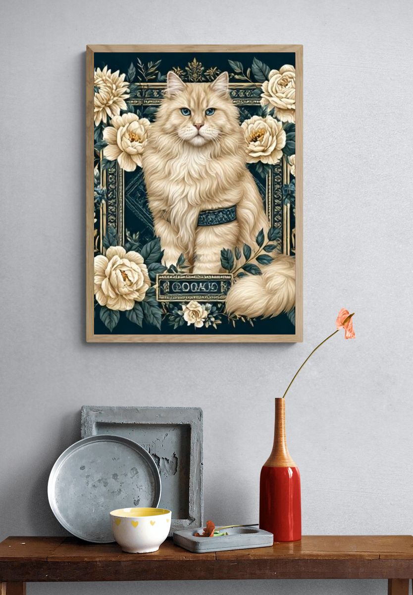 Floral Cat Portrait Illustration Poster. — room view 3