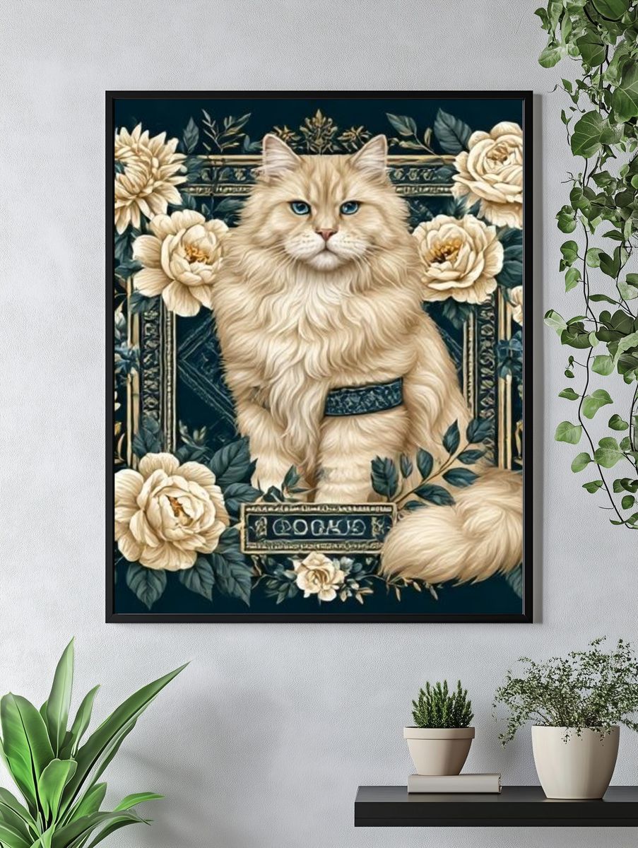 Floral Cat Portrait Illustration Poster. — room view 4
