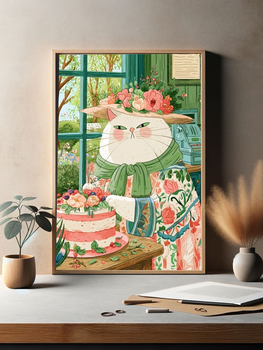 Garden Cat Illustration Poster. — room view 2