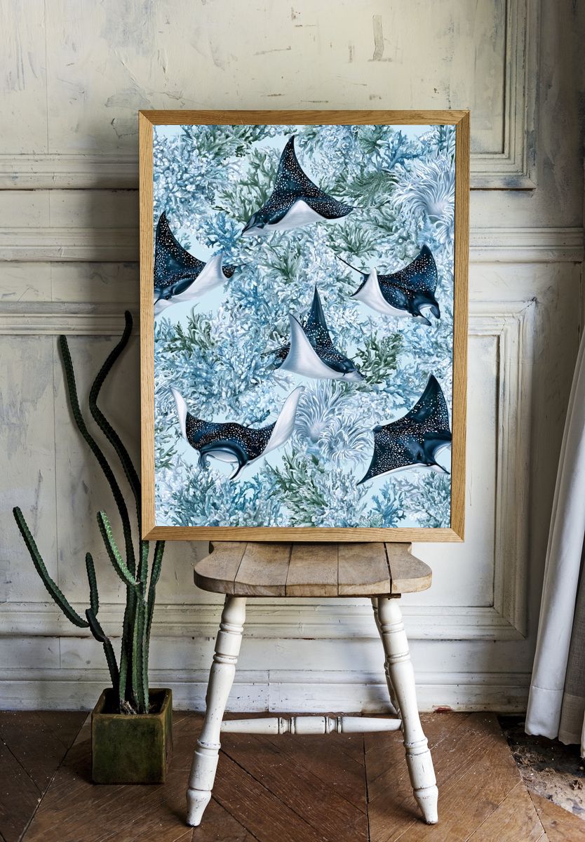 Manta Ray Reef Illustration Print. room preview