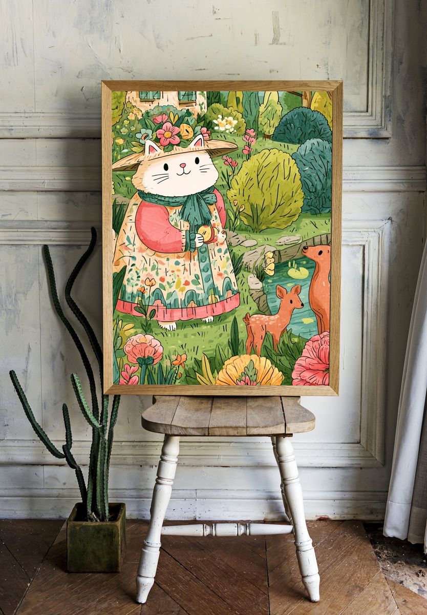 Garden Cat and Deer Illustration Poster. — room view 1