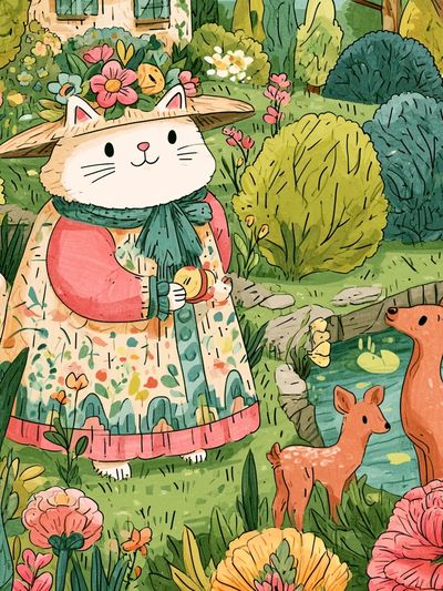 Garden Cat and Deer Illustration Poster.