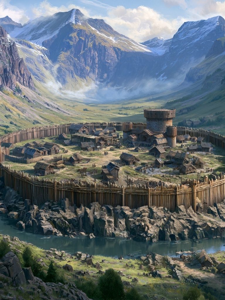Mountain Fortress Village Illustration Poster. poster detail