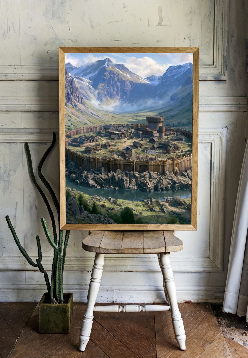 Mountain Fortress Village Illustration Poster. room preview
