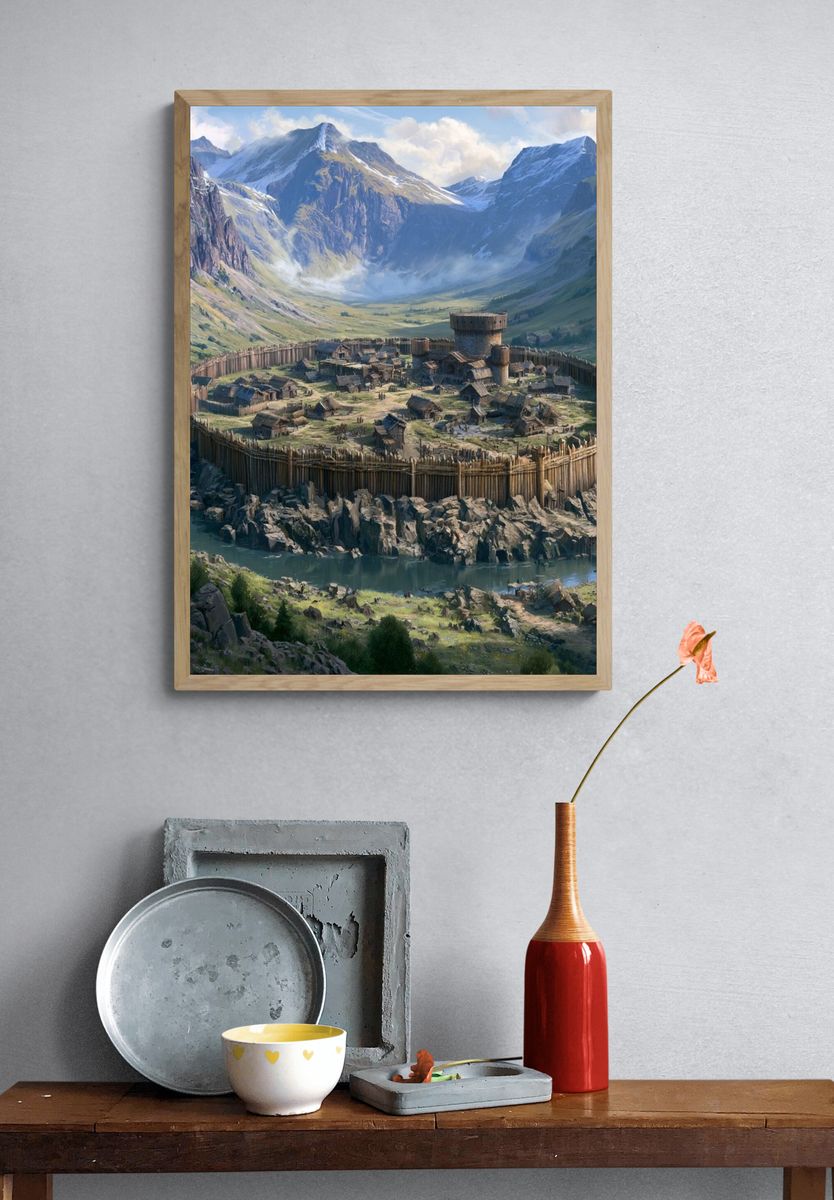 Mountain Fortress Village Illustration Poster. — room view 3