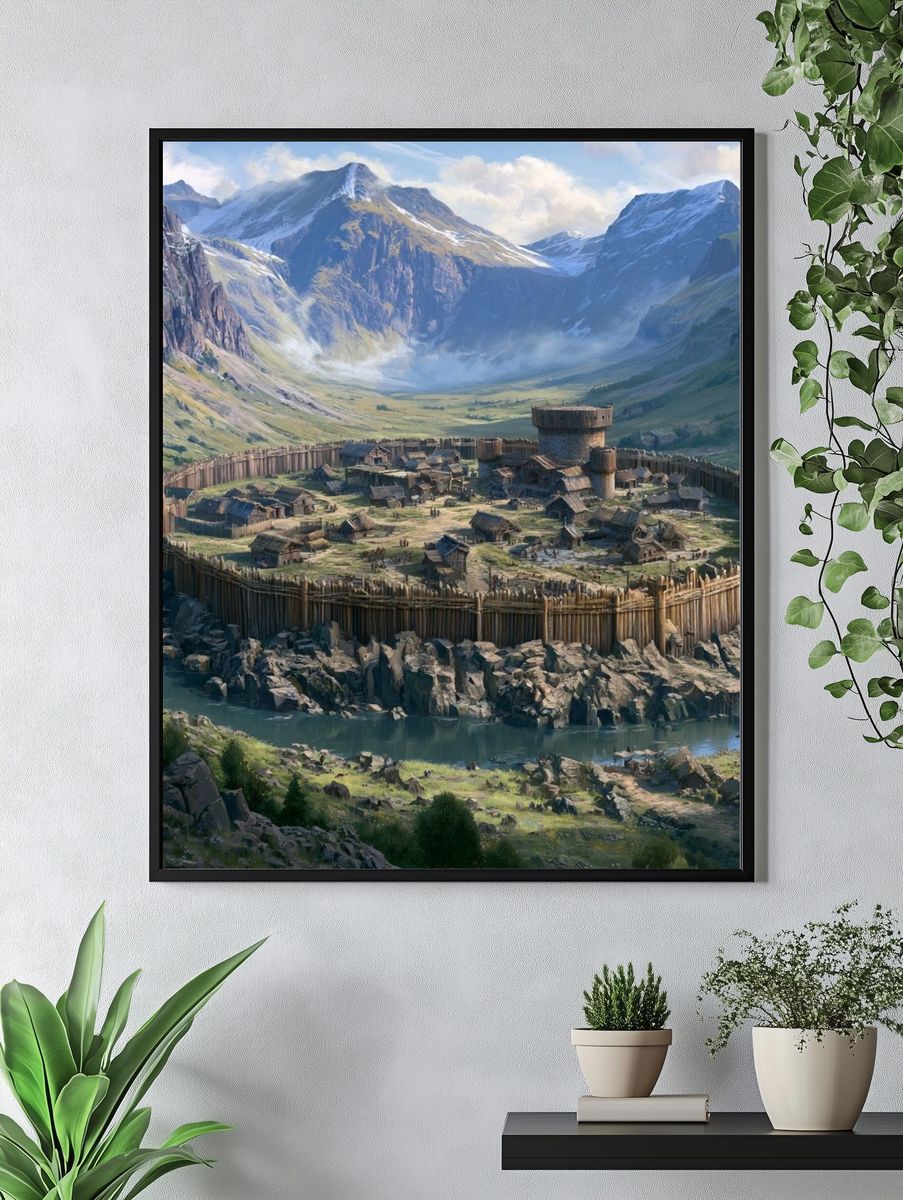 Mountain Fortress Village Illustration Poster. — room view 4