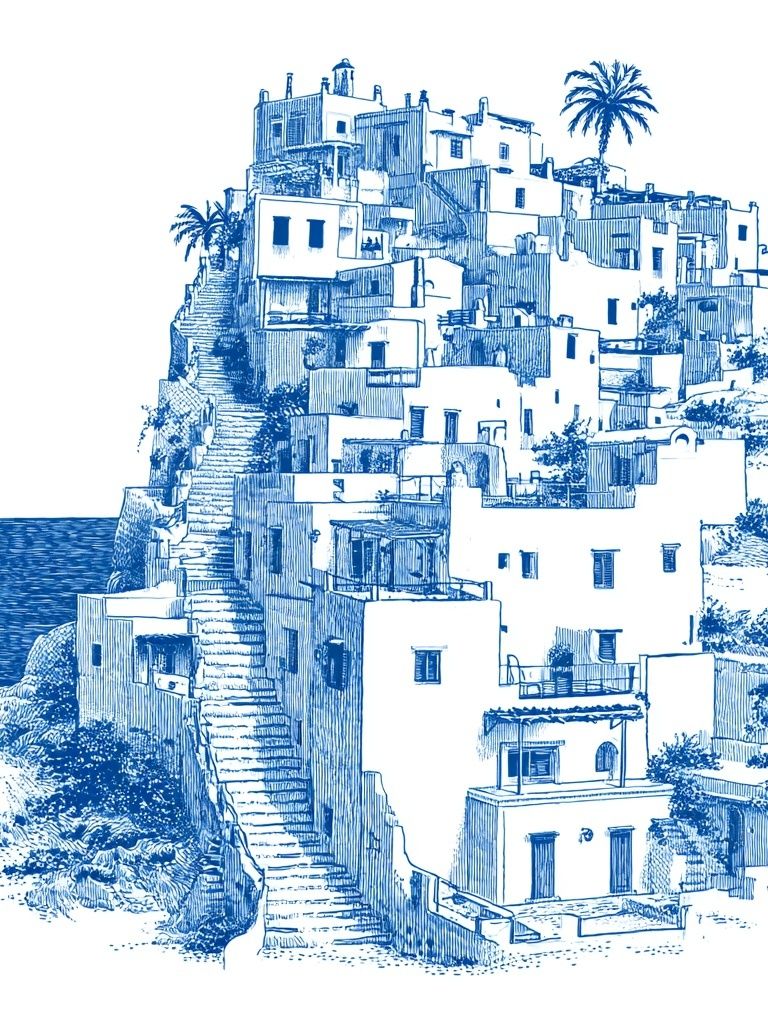 Mediterranean Cliff Village Illustration Print. poster — illustration art