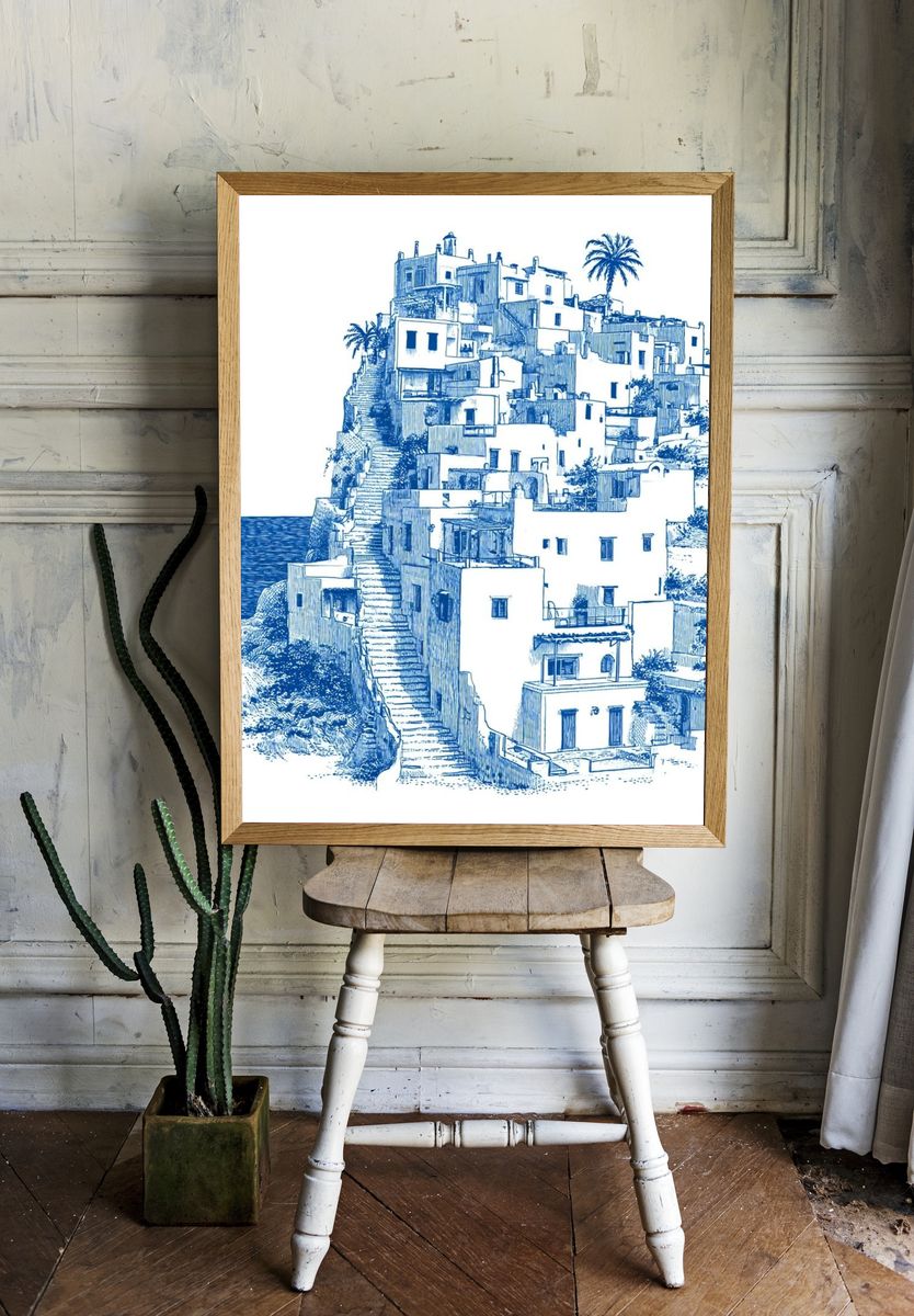 Mediterranean Cliff Village Illustration Print. — room view 1