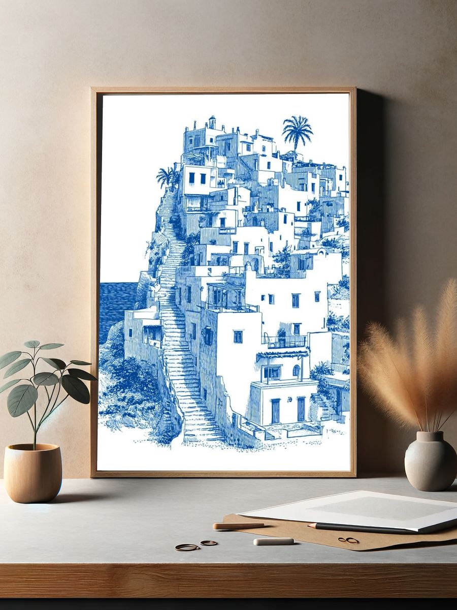Mediterranean Cliff Village Illustration Print. — room view 2