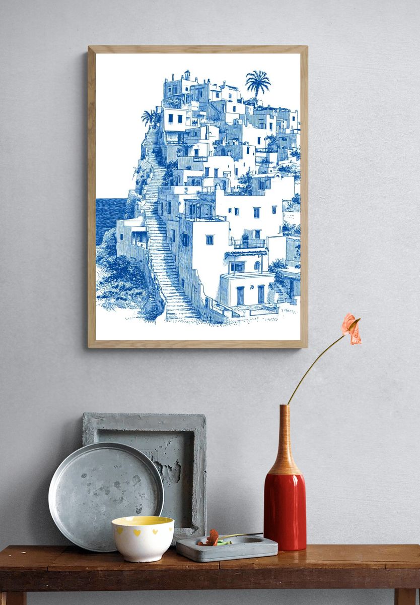 Mediterranean Cliff Village Illustration Print. — room view 3