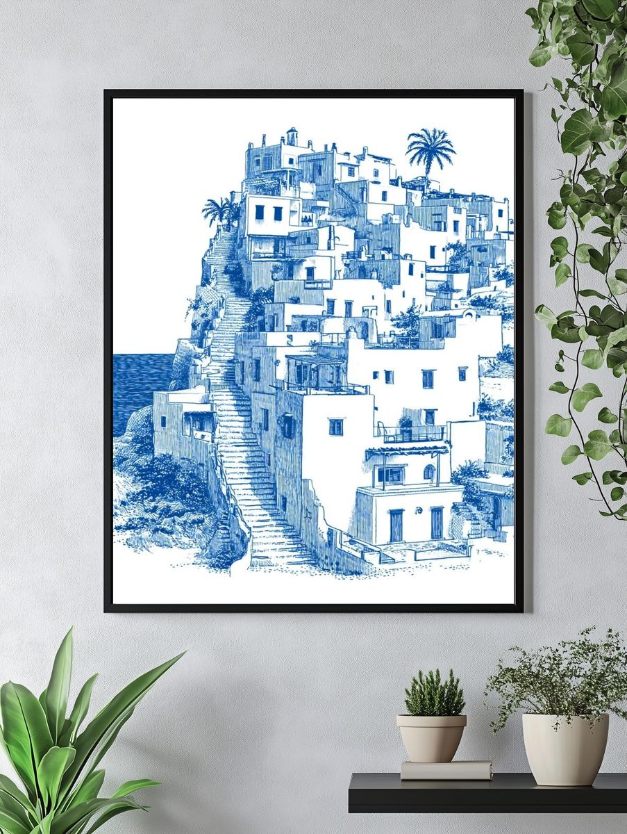 Mediterranean Cliff Village Illustration Print. — room view 4