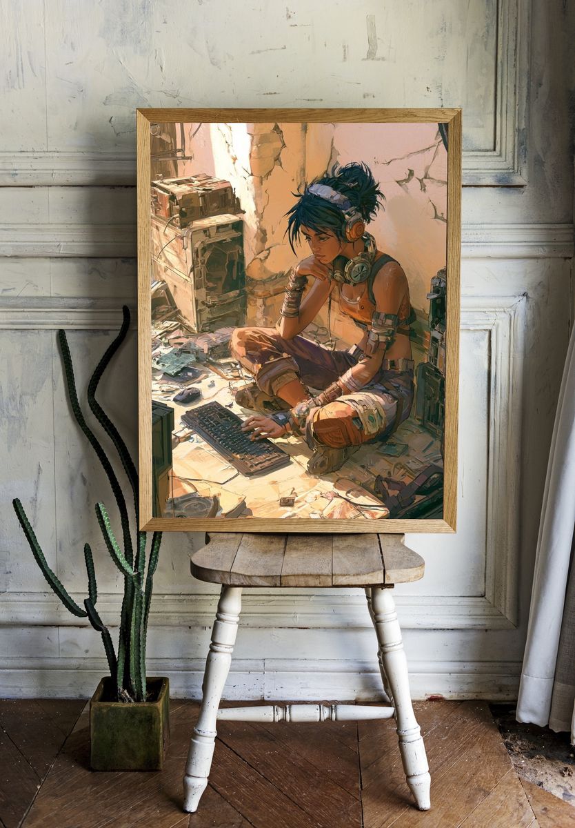 Cyberpunk Gamer Girl Illustration Poster. room preview