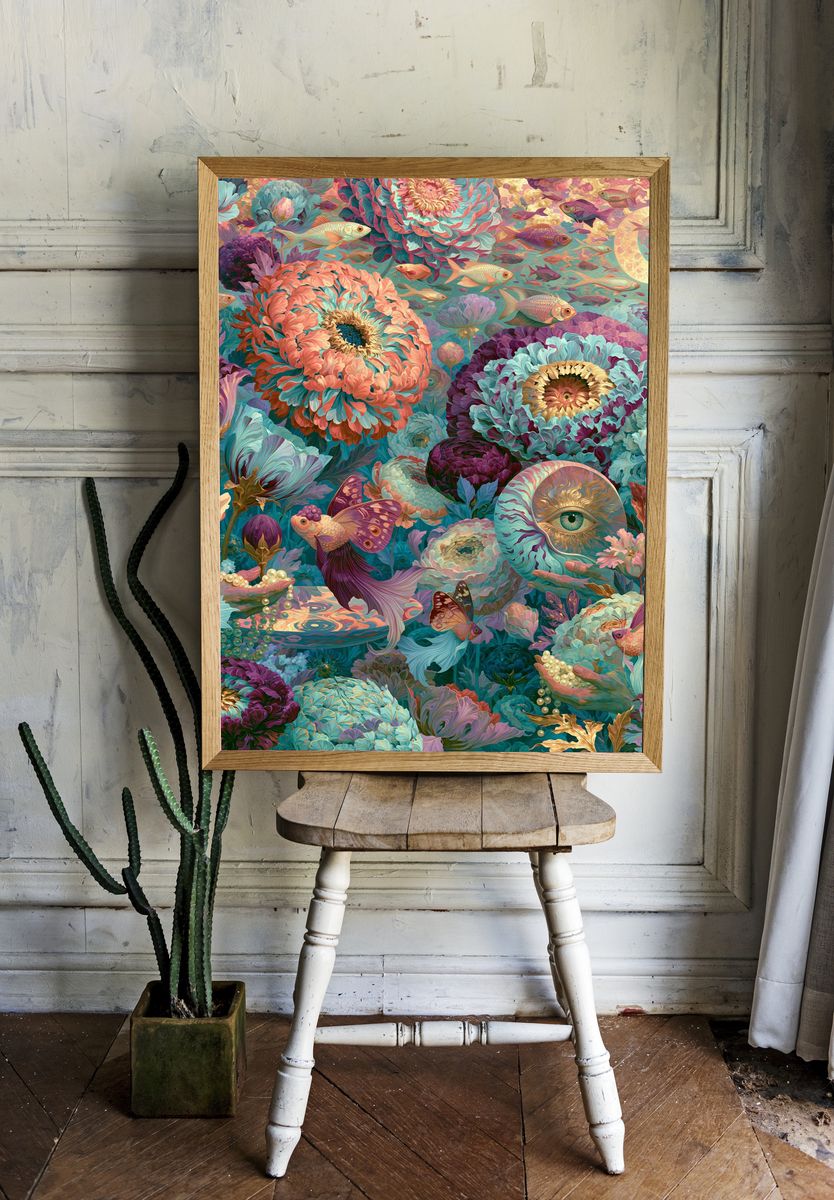 Surreal Floral Fish Poster. room preview