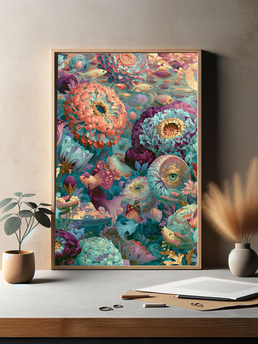 Surreal Floral Fish Poster. — room view 2