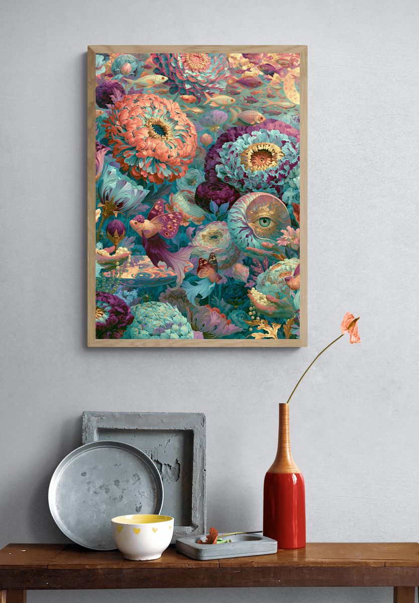 Surreal Floral Fish Poster. — room view 3