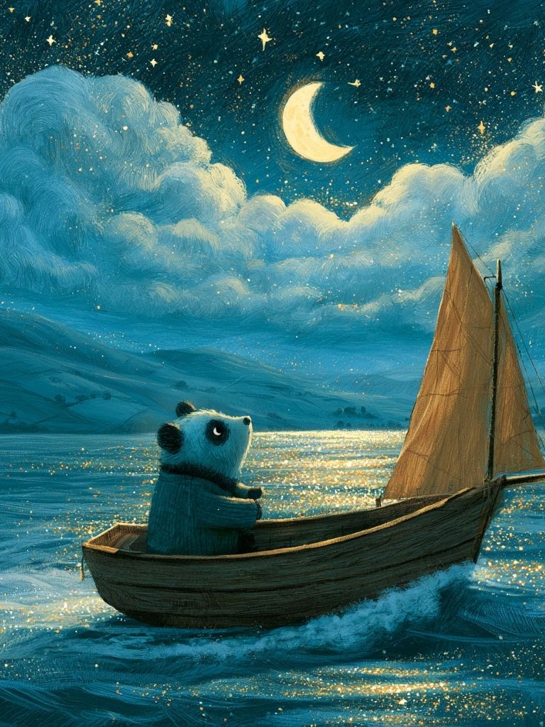 Moonlit Panda Sailboat Illustration Poster. poster detail