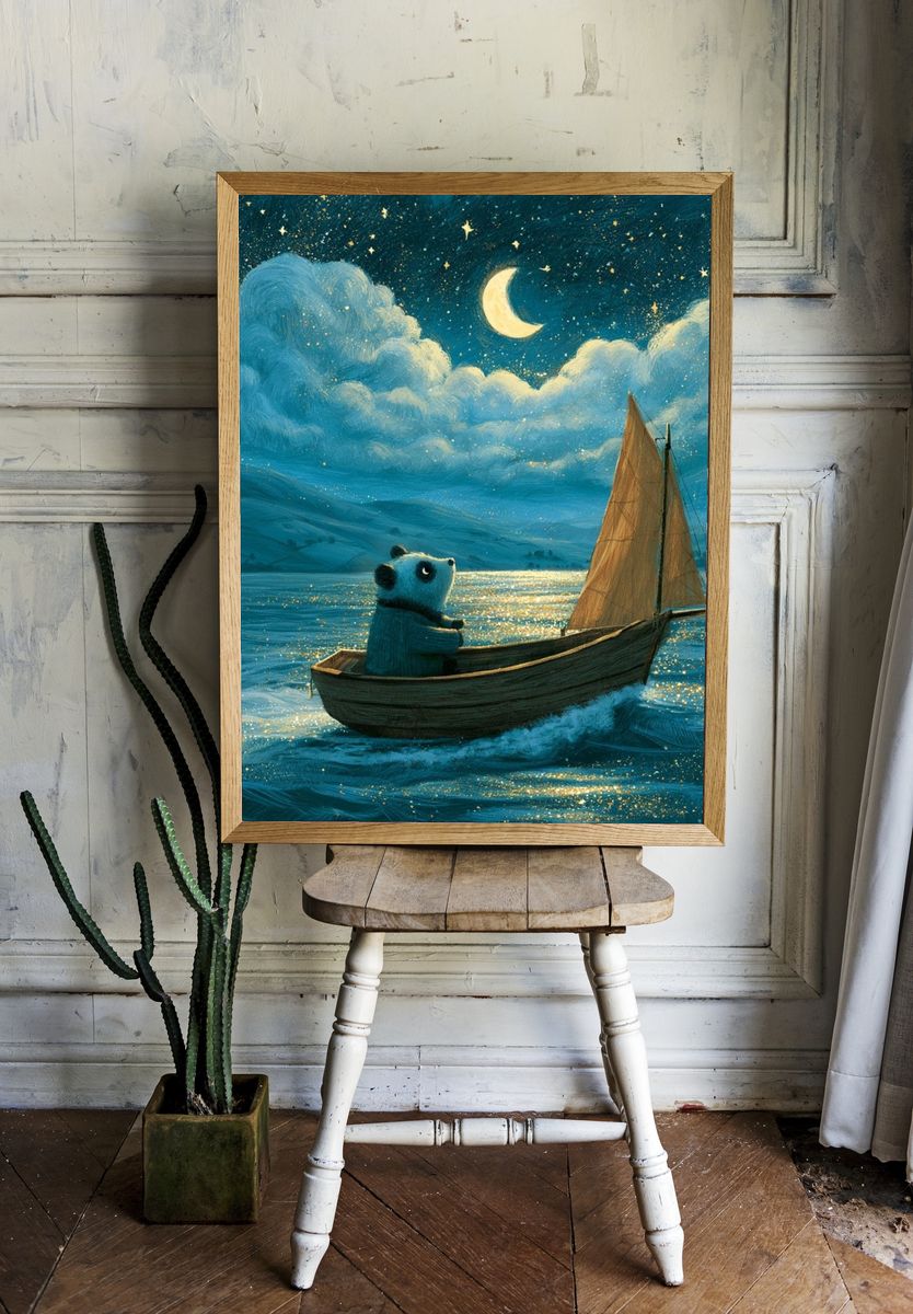 Moonlit Panda Sailboat Illustration Poster. room preview