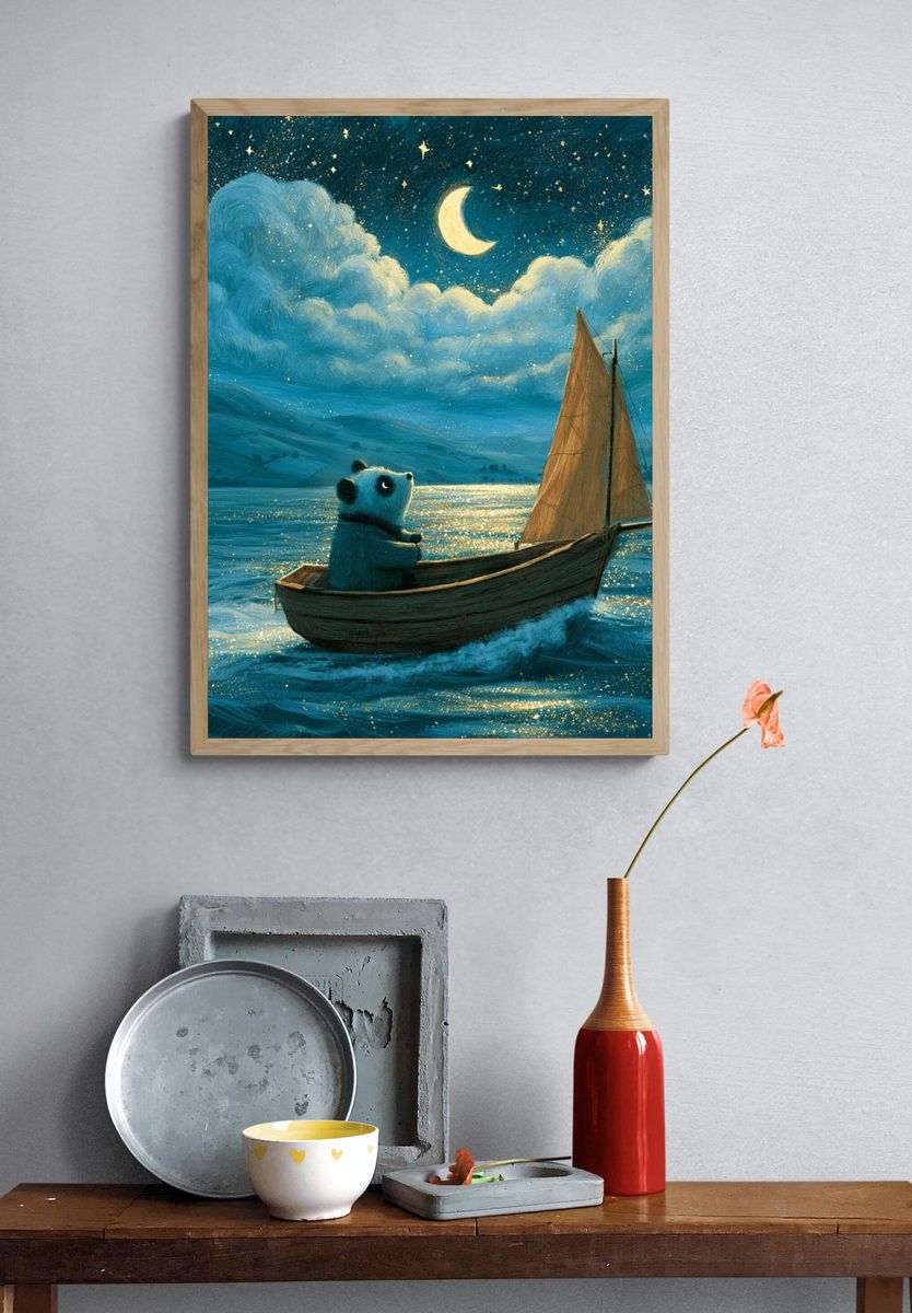 Moonlit Panda Sailboat Illustration Poster. — room view 3